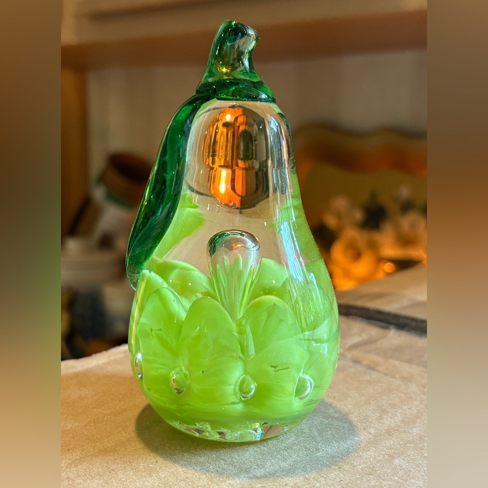 Vintage Joe Rice Glass Pear Paperweight Art